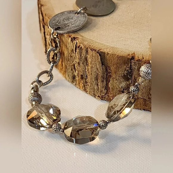 Chico's necklace with silver and gold-tone coin pendants & smoky quartz crystals - Picture 4 of 8